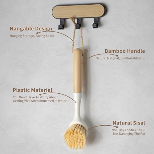 DEBETOOL Dish Brush with Built-in Scraper - 4 Pack Bamboo Dish Scrubber Brush with Handle, Kitchen Brushes for Dishes & Pots, Sink, Eco Cleaning Tool Set
