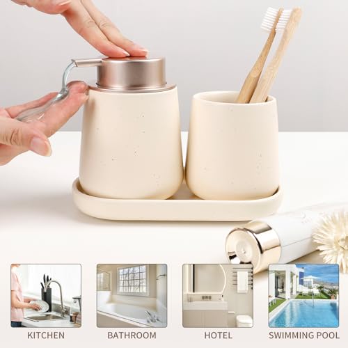 BosilunLife Ceramic Bathroom Accessories Set 3 Pcs, Liquid Soap Dispenser and Toothbrush Holder with Tray, Modern Farmhouse Vanity Decor, Apricot Housewarming Gift - color: Apricot, style: liquid