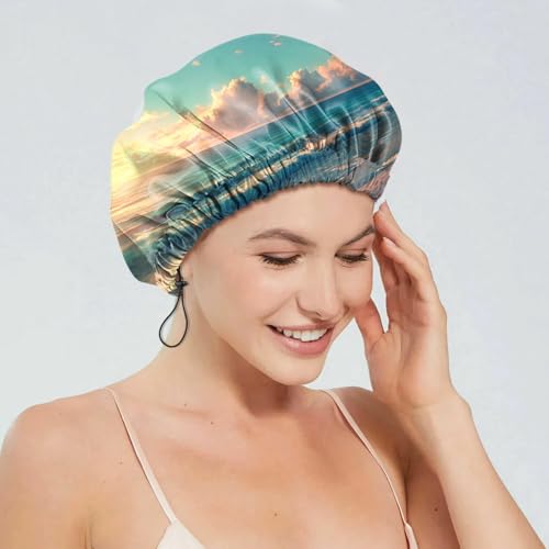 2 PCS Shower Cap Reusable Waterproof Double Layers Hair Caps Shower Bath Adjustable Elastic Hat for Women Girls Cute Aesthetic-Beach Sea Turtle - color: AI19-Beach Sea Turtle