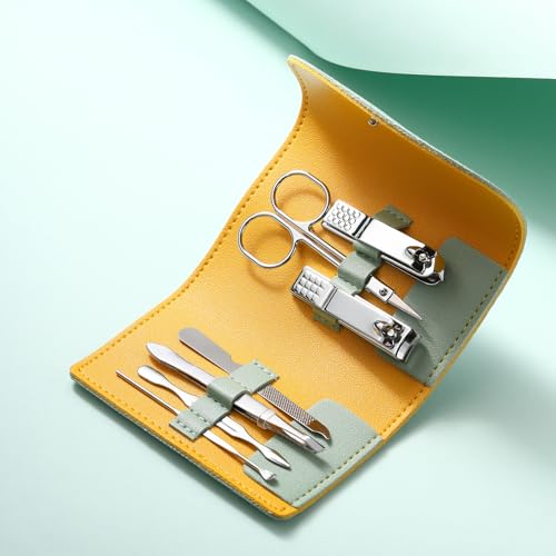 12 Set Manicure Set Bulk Mini Manicure Nail Clipper Kit 7 in 1 Stainless Steel Professional Nail Care Pedicure with Travel Portable Bag Grooming Kits for Women Men Home(Light Green) - color: Light Green