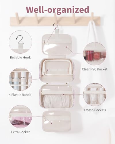 Narwey Striped Hanging Toiletry Bag for Women Travel Makeup Bag Cosmetic Make Up Organizer Toiletries Bag for Travel Essentials Accessories (Dusty Pink Stripe, Medium) - color: B-Dusty Pink Stripe, size: Medium