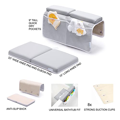 Bath Kneeler and Elbow Rest Pad, 1.75 inch Extra Thick Baby Bath Kneeling Pad and Elbow Pad for Bathtub. Bath Tub Elbow Pad with Infant Toy and Baby Accessories Organizer, Grey - color: Gray