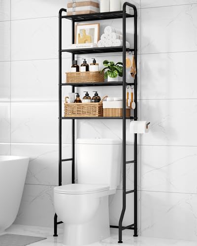 Kitsure Over Toilet Storage Rack, 74.2" H Space-Saving, Holder & Hooks | Bathroom, Laundry Room, Small Spaces, Families, Durable Metal, Black, 4 Tier - color: Black, size: 4 Tiers (74.2"H)