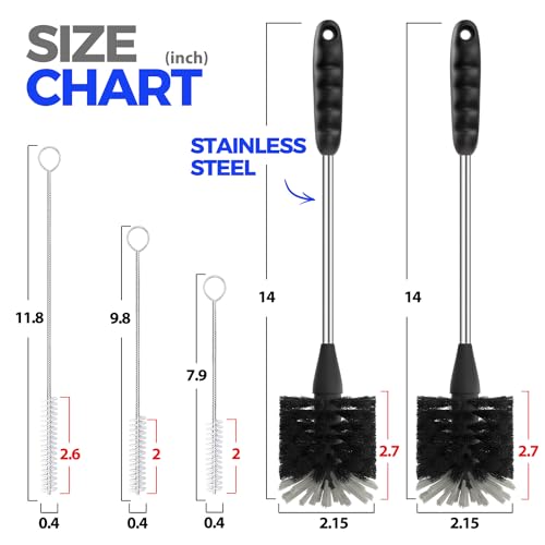 Holikme 5-Piece Bottle Brush Cleaner Set - 14" Stainless Steel Handle, 3 Straw Brushes, Cleans Water Bottles, Cups, Baby Bottles, Black & Grey - color: Black, size: 5Pack