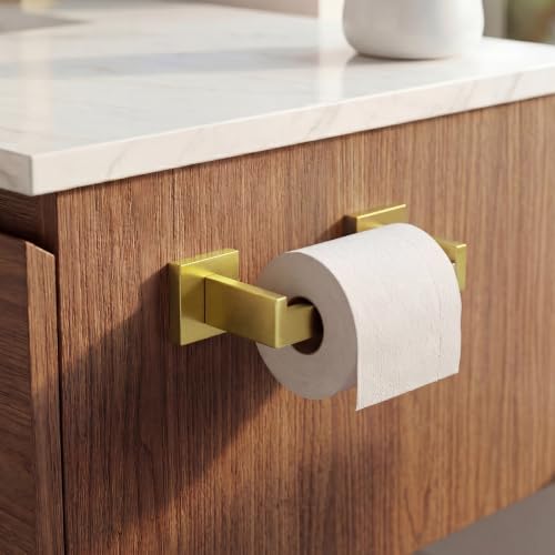 Toilet Paper Holder Wall Mount Brushed Gold, Stainless Steel Toilet Tissue Roll Holder Bathroom Square Toilet Paper Towel Roll Holder, Double Post Pivoting Tissue Handle - color: Brushed Goled