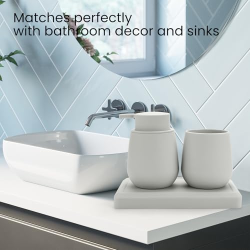 Bathroom Accessories Set, Modern 3 Pcs Bathroom Essentials - Soap Dispenser, Toothbrush Holder & Tray, Countertop Vanity Organizer (Beige) - color: Beige