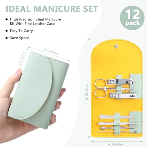 12 Set Manicure Set Bulk Mini Manicure Nail Clipper Kit 7 in 1 Stainless Steel Professional Nail Care Pedicure with Travel Portable Bag Grooming Kits for Women Men Home(Light Green) - color: Light Green