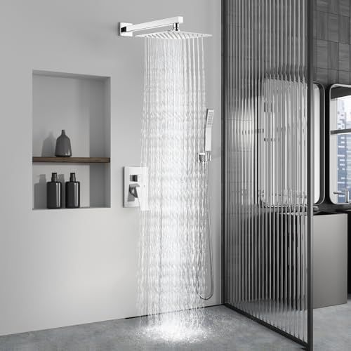Aolemi Shower Faucet Set Rain Shower System with Handheld Spray Bathroom Shower Combo Rough-in Valve and Shower Trim Kit Included Polish Chrome 12 Inch Wall Mount Shower Head - color: Polish Chrome, size: 12 Inch Wall Mount Shower Head