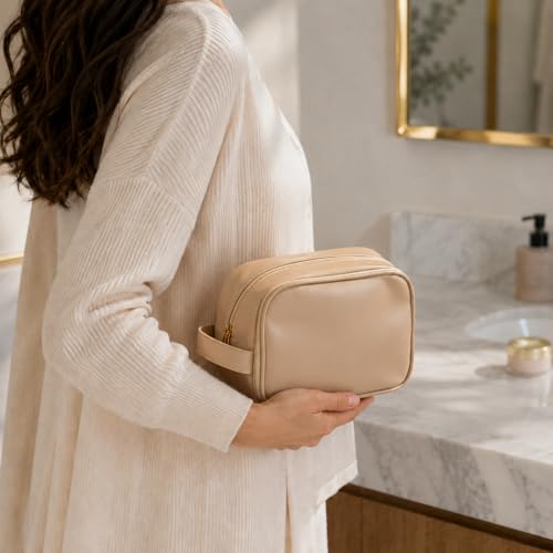 Double Layer Travel Makeup Bag for Women | 9.1L x 4.3W x 6.3H in Faux Leather Cosmetic Organizer for Makeup, Skincare and Toiletries, Brown - color: Double Layer