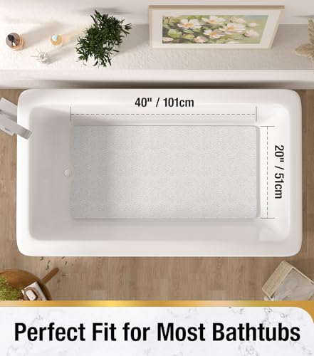 HITSLAM Non Slip Bathtub Mat 40 x 20 Inch, Extra Long Bath Mat for Tub, Soft PVC Loofah Shower Floor Mat with Drain, Quick Drying Bathroom Tub Mat for Wet Area, Without Suction Cup, White - color: White, size: 40" x 20" (Rectangular)