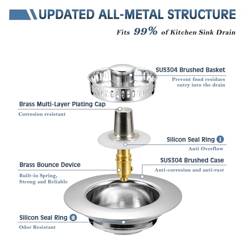 Kitchen Sink Drain Strainer 3 in 1, 304 Stainless Steel Pop Up Sink Stopper, Anti-Clogging Sink Drain Strainer for US Standard Kitchen Drain (Chrome) - color: Chrome, size: 1 Pack