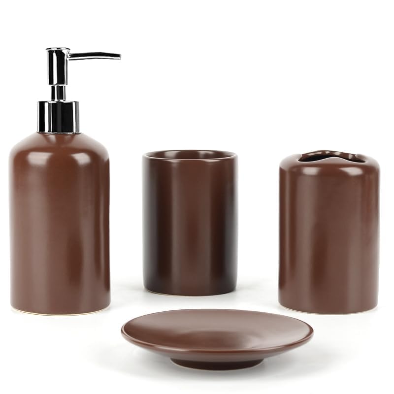 WPM 4 Piece Ceramic Bathroom Accessories Set - Brown - Our Complete Bath Decor Kit Includes Designer Soap or Lotion Dispenser - Toothbrush Holder - Tumbler - Soap Dish - color: Brown
