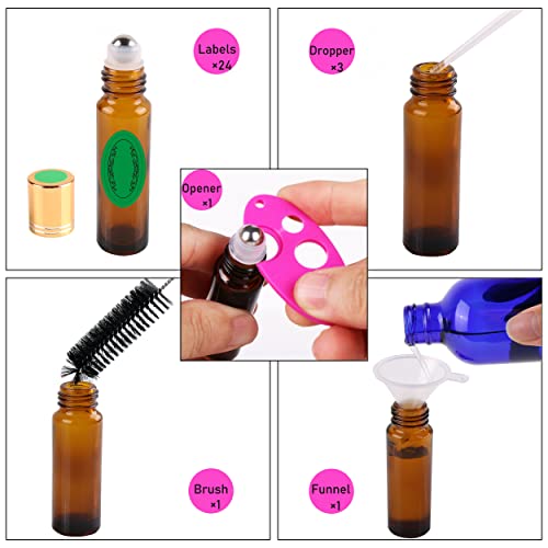 inice 24 Pack Roller Bottles for Essential Oils, Amber Galss 10ml Roll On Bottle with Stainless Steel Roller Balls and Metal Caps - color: 24 PACK Amber Roller Bottles