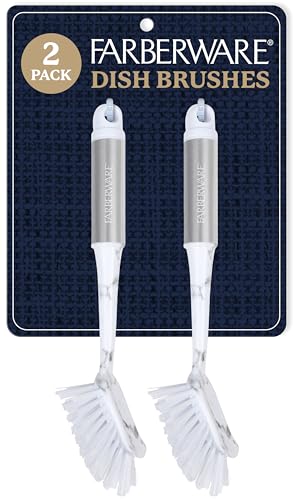 Farberware Dish Brush with Handle, 2 Pack, Firm Bristles | Kitchen scrub brush and dish scrubber removes grease, reaches pot and pan edges, 10in, rectangle head, scraper tip - color: White Marble Rectangular