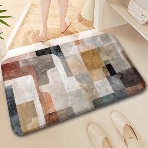 Boho Abstract Beige Brown Grey Bath Rug, Midcentury Art Geometric Floor Mat Non-Slip Microfiber Soft Plush Bathroom Mat Carpets Floor Mat for Bedroom Kitchen Bathroom Toilet 17x29 Inch - color: Beige Brown