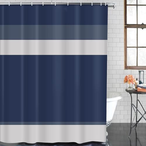 ArtSocket Navy Grey Nautical Bathroom Set with Shower Curtain and Bath Rugs and Accessories, Striped Modern Non-Slip 3 Pcs, 72" L x 72" W Curtain, 23.6" L x 15.7" W + 19.7"x 31.5" Rugs - color: Navy Grey