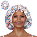 Floral Satin Bonnet with Scrunchie Set,Double Layer Ruffle Reusable Sleeping Shower Cap for Curly Hair Blue-cherry - color: Blue-cherry