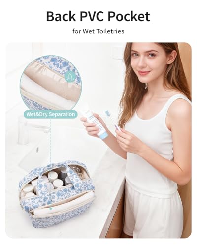 Narwey Travel Toiletry Bag for Women, Large Makeup Bag, Wide Open Cosmetic Make Up Organizer with Handle, Wet Pocket for Towel, Travel Bag for Toiletries, Brushes, Essentials (Little Blue Flower) - color: ZA-Little Blue Flower