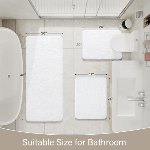 LOCHAS Bathroom Rugs Sets 3 Piece, Microfiber Long Bath Rug Set Non Slip Washable, Shaggy Toilet Rug Set Absorbent, Soft Cozy Bath Mat Set Quick Dry, White - color: White, size: 48" x 20" + 24" x 17" + U Shape 24" x 20"