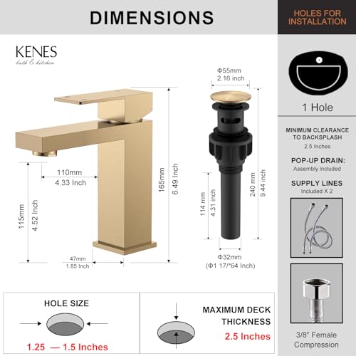 KENES Champagne Bronze Bathroom Faucet 1 Hole, Single Handle Gold Bathroom Sink Faucet, Vanity Faucet with Pop Up Drain and Supply Lines, LJ-9031-CB - color: Champagne Bronze, size: Short