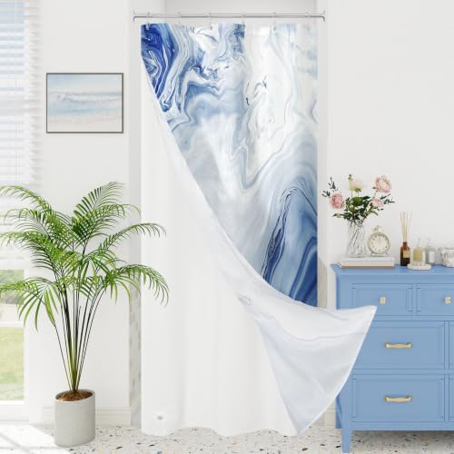 MitoVilla 3 in 1 Stall Half Size Navy Blue Marble Shower Curtain Set-36 W x 72 H, Modern Ripple Shower Curtain and Waterproof Fabric PEVA Liner Set with Stainless Steel Hooks - color: 3 in 1 - Navy, size: 36"W x 72"L (Pack of 1)