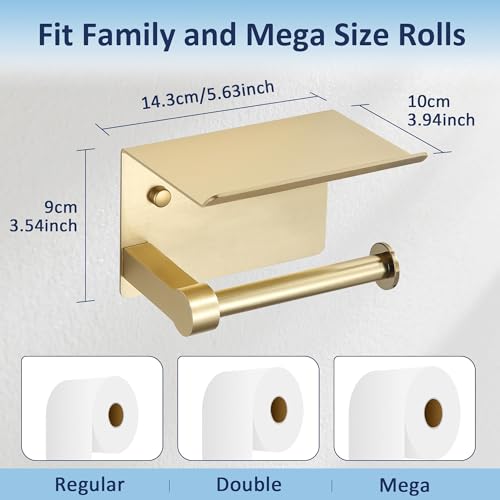 BGL Toilet Paper Holder with Shelf, Jumbo Roll Toilet Paper Holder for Large Rolls,Brushed Gold Adhesive Toilet Roll Holder for Bathroom，Renter Friendly Toilet Paper Holder - color: Gold