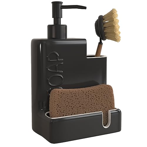 Soap Dispenser with Sponge Holder and Brush Holder, Ceramic Dish Soap Dispenser Pump, 3 in 1 Liquid Hand Soap Organizer with Funnel for Kitchen Sink Countertop, Matte Black - style: Embossed “SOAP”Design-Matte Black
