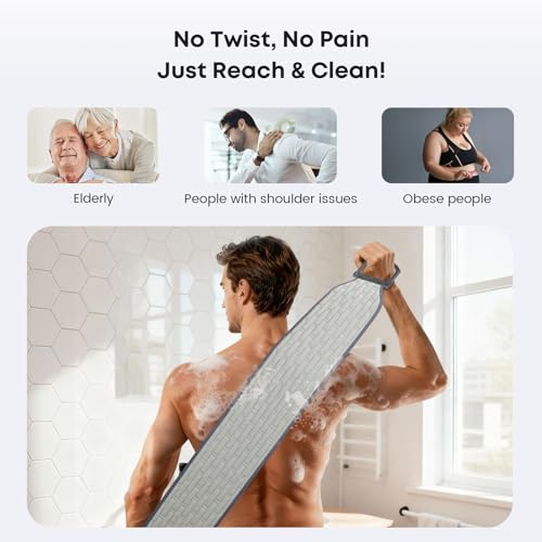 eaxun Exfoliating Back Scrubber with Plastic Handles for Shower, 36 Inches Wider Bath Back Exfoliator Body Cleaner for Men, Women and Elderly, Dual-Sided Roughness Back Washer for Deep Cleansing - size: Large