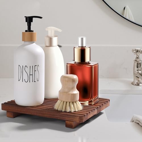 SAMEBUTECO 2 Packs Rustic Wood Tray,Riser Bathroom Soap Dish Holder,Footed Pedestal Stand for Vanity,Dispenser,Countertop,Size 8.7x4x1.7''