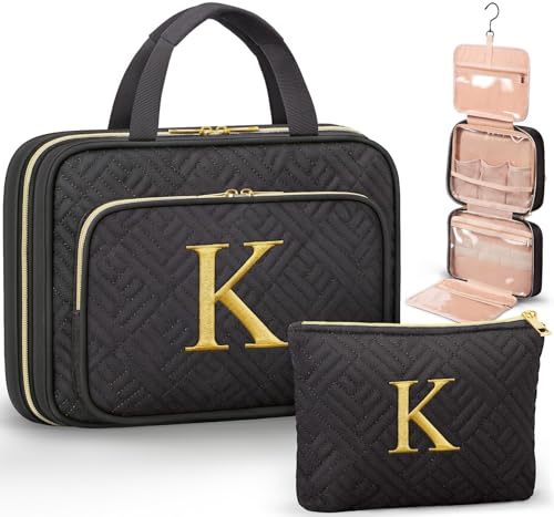 Personalized Gifts for Women, Initial Toiletry Bag Hanging Travel Organizer & Makeup Cosmetic Bag with Embroidery Letter Teacher Appreciation Gift Birthday Mothers Day Gifts for Mom Wife Friend Sister - style: K