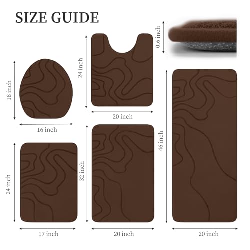 YIHOUSE Memory Foam Bathroom Rugs Sets 5 Piece - Extra Thick Ultra Soft Absorbent Bath Mat Set, Non-Slip Machine Washable Bath Rugs for Bathroom, Tub & Shower, Home Decor Accessories, Coffee - color: Coffee, size: 1'5" x 3'10" (5 pieces)