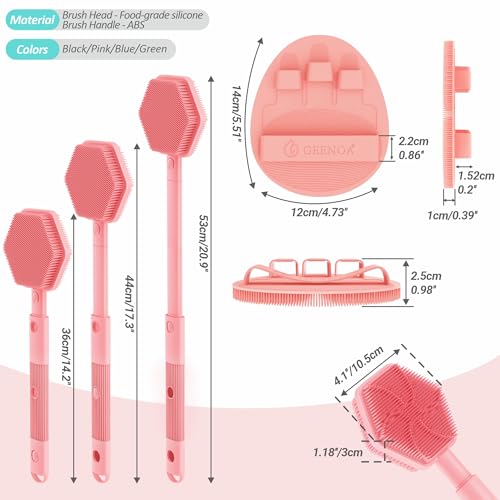Silicone Back Scrubber & Soft Bath Glove 2PCS, 16''- 21''Extendable Back Scrubber with Dual-Side Large Head, 360° Anti-Slip Hand-fit Silicone Body Scrubber for Rich Foaming Deep Cleaning(Pink) - color: Pink*2