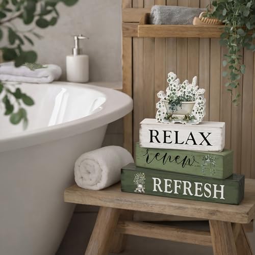 Cinnvoice 4 Pcs Eucalyptus Bathroom Decor Farmhouse Bathroom Decoration Relax Renew Refresh Table Centerpiece Gift for Christmas Valentines Back to School - style: Eucalyptus