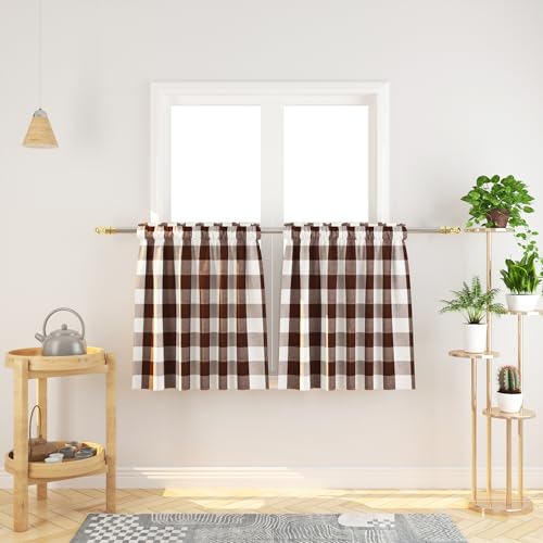 3 Pieces Tier Curtains and Valance Set Buffalo Check Kitchen Tiers Plaid Gingham Rod Pocket Classic Short Small Cafe Curtains Country Farmhouse Cafe Bathroom 54"x18"/27"x30" Brown & White - color: Plaids Brown&white, size: 27"W x 30"L (Pack of 3)