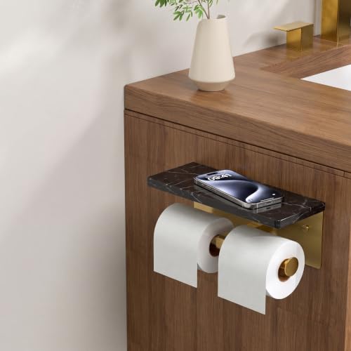 FORIOUS Double Toilet Paper Holder with Shelf, Wall Mount Tissue Roll Holder for Bathroom, 304 Stainless Steel Commercial Toilet Tissue Dispensers with Phone Shelf (1, Gold-Marble) - color: Gold-marble