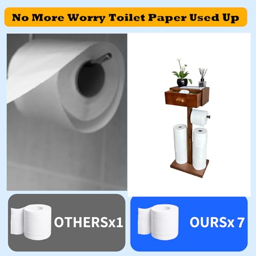 Freestanding Bathroom Toilet Paper Holder Stand with Shelf, Bamboo Toilet Paper Roll Holder with Wet Wipes Storage Drawer(Brown) - color: Brown