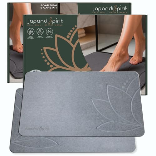 Lotus Stone Bath Mat Set (2 Mats) | Quick-Dry, Non-Slip Diatomaceous Earth Bath Mat, 23.6”×15.4” | West + East Bundle, Luxury Diatomite by JapandiSpirit