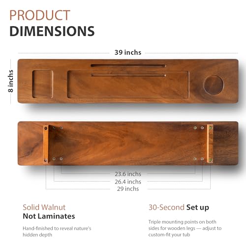 Walnut Bathtub Tray Caddy - 39" Wide Adjustable for Freestanding Tubs, Non-Slip Phone/Wine Holder
