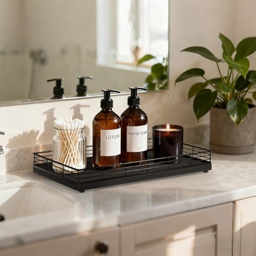 Bathroom Vanity Tray, 13" x 8" Oak Decorative Wooden Tray for Countertop | Large Bathroom Vanity Organizer, Rectangular Wood Tray for Perfume, Skincare & Storage, Vanity Dresser Counter Decor, Black - color: Black, size: 13" x 8" x 2"