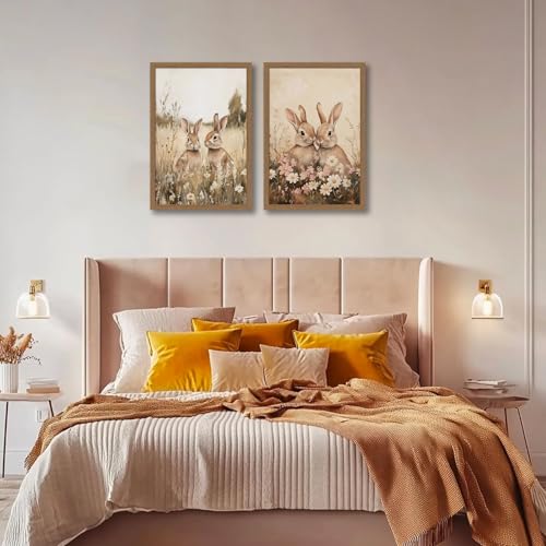 Framed Easter Bunny Wall Art Canvas Print, Vintage Bunny Paintings for Living Room Bedroom Nursery Farmhouse, 12x16in Ready to Hang - color: Two rabbits, size: 12x16 inches