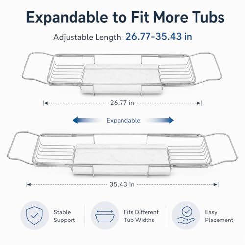Expandable Bathtub Tray, Stainless Steel Bath Table Tray with Marble Board, Modern Luxury Bathtub Shelf for Bathrooms, Kitchen Sink (Silver+White) - color: Silver+white