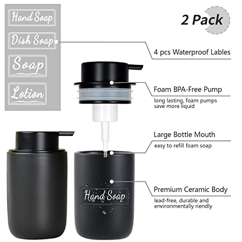 BosilunLife Foaming Soap Dispenser Set - Black Ceramic Foam Hand Dispenser 12oz Soap Dispenser Set with Rust Proof Pump, 4Pcs Clear Stickers for Kitchen, Bathroom - 2 Pack - color: Black-foam Pump