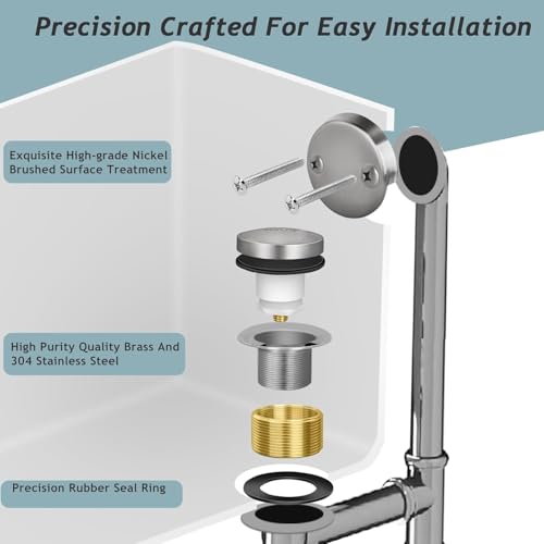 Tip-Toe Bathtub Drain Kit with Two-Hole Overflow Plate, Premium Quality Bath Tub Drain Replacement fits for All Bathtub, Universal Fine/Coarse Thread Bathtub Stopper (Brushed Nickel) - color: Brushed Nickel