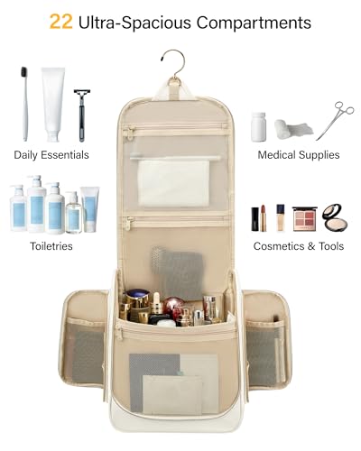 Hanke Hanging Travel Toiletry Bag for Men and Women, Water-Resistant Toiletries Bag Makeup Organizer with Hook, Cosmetic Bag for Bathroom & Travel Essentials Accessories, Off White - color: Off White