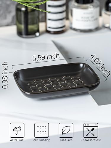 Gomakren Soap Dish for Shower, Ceramic Bar Soap Holder with Honeycomb Design - Father's Day Soap Saver Tray for Bathroom Kitchen Sink, Sponge & Organizer Tray, Upscale Look, 5.5 Inch, Black - color: Black, size: Honeycomb