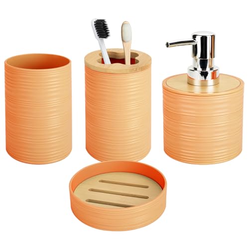 4 PCS Yellow Bathroom Accessories Set, Includes a Soap Dispenser, Toothbrush Holder, Soap Dish and Mouthwash Cup, Plastics & Bamboo Bathroom Set, Bohemian Style Bathroom Sink Set - color: Yellow, size: 4 PCS