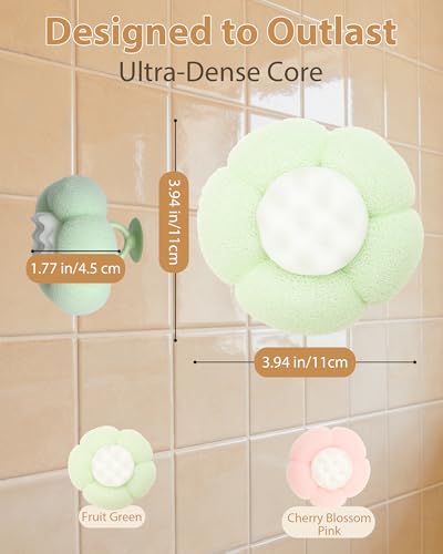 2026 Super Soft Flower-Shaped Suction Cup Bath Sponge, Upgraded 2-in-1 Flower-Shaped Ball Exfoliating Bath loofah Cleaning Brush, Mesh Shower Body Sponge Accessories for Women, Men Shower (2 Color) - style: Fruit Green+Cherry Blossom Pink