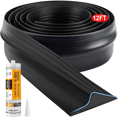 Jin&Bao Universal Garage Door Threshold Seal Strip 12FT Kit, Bottom Waterproof Rubber Weather Stripping Replacement（Black, 1 Adhesive） - color: Black, size: 12 Feet