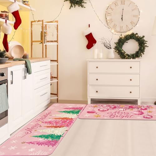 Drydiet 3 Pcs Christmas Kitchen Rug and Mat Set Washable Pink Xmas Tree Kitchen Floor Mats Waterproof Non Slip Farmhouse Merry Christmas Doormat Holiday Xmas Decor for Home Office Bathroom Party Decor - color: Pink, style: Christmas Tree