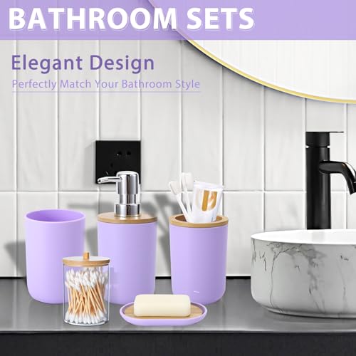 iMucci Bathroom Accessories Set 5Piece Light Purple Bathroom Sets, Toothbrush Holder, Toothbrush Cup, Lotion Soap Dispenser, Soap Dish and Qtip Holder Bathroom Decor - style: Light Purple